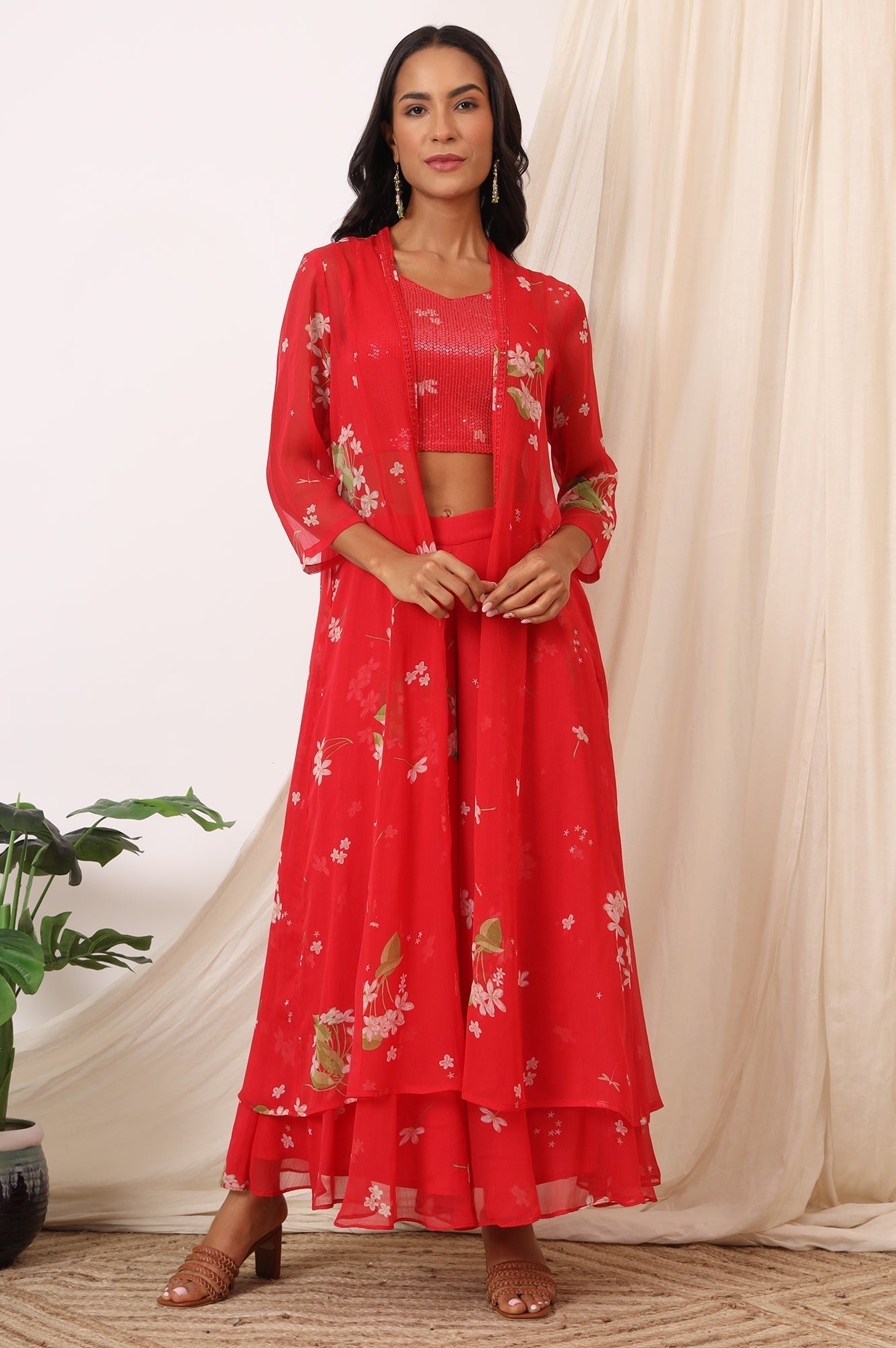 W for Woman Red Floral Printed Chiffon Jacket, Crop Top and Culottes Set