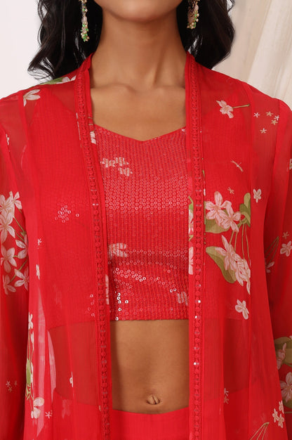 W for Woman Red Floral Printed Chiffon Jacket, Crop Top and Culottes Set