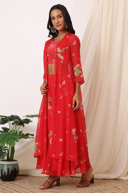W for Woman Red Floral Printed Chiffon Jacket, Crop Top and Culottes Set