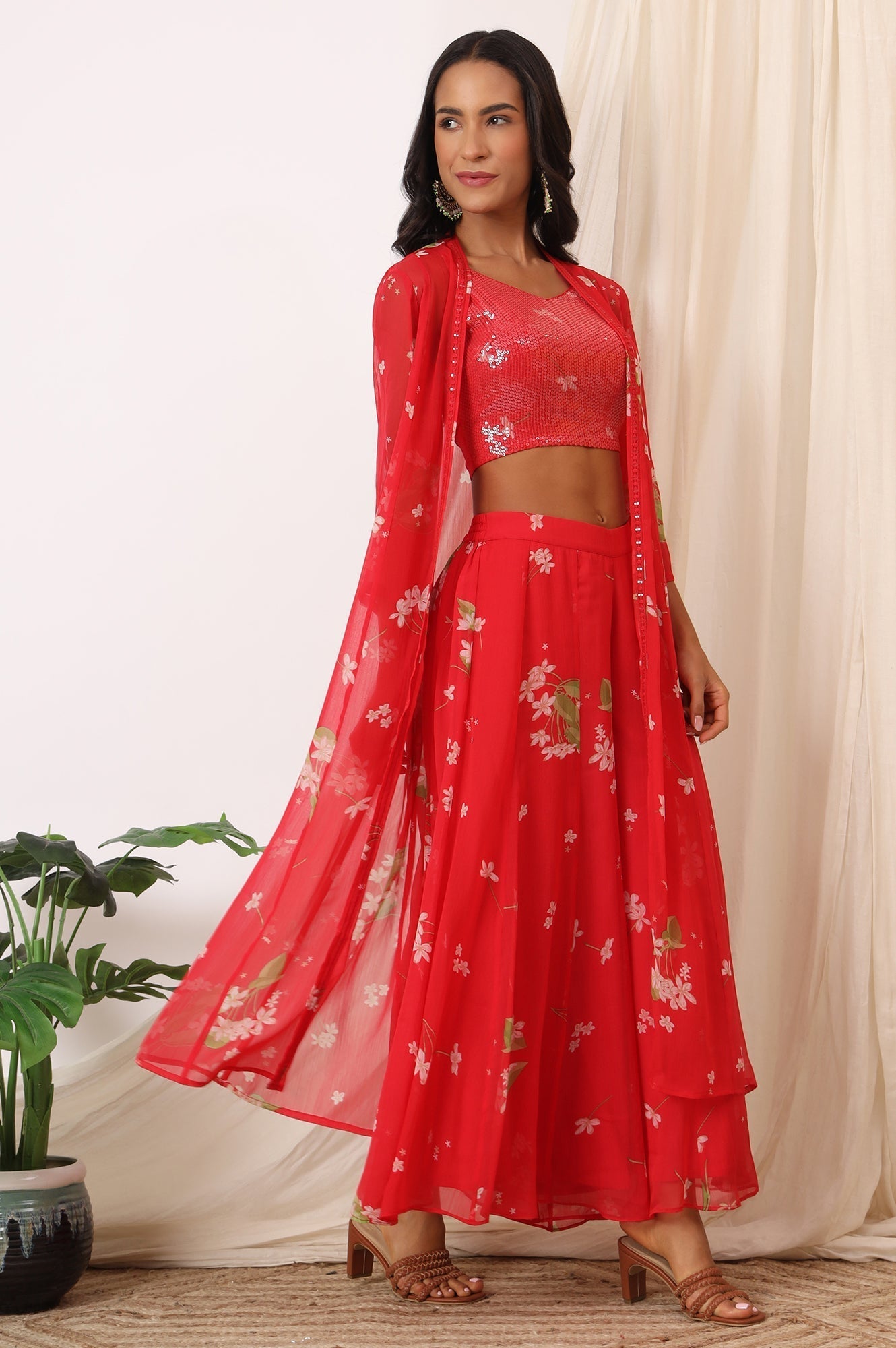W for Woman Red Floral Printed Chiffon Jacket, Crop Top and Culottes Set