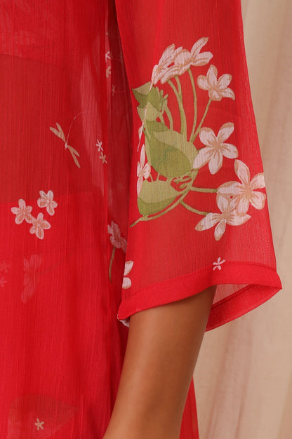 W for Woman Red Floral Printed Chiffon Jacket, Crop Top and Culottes Set