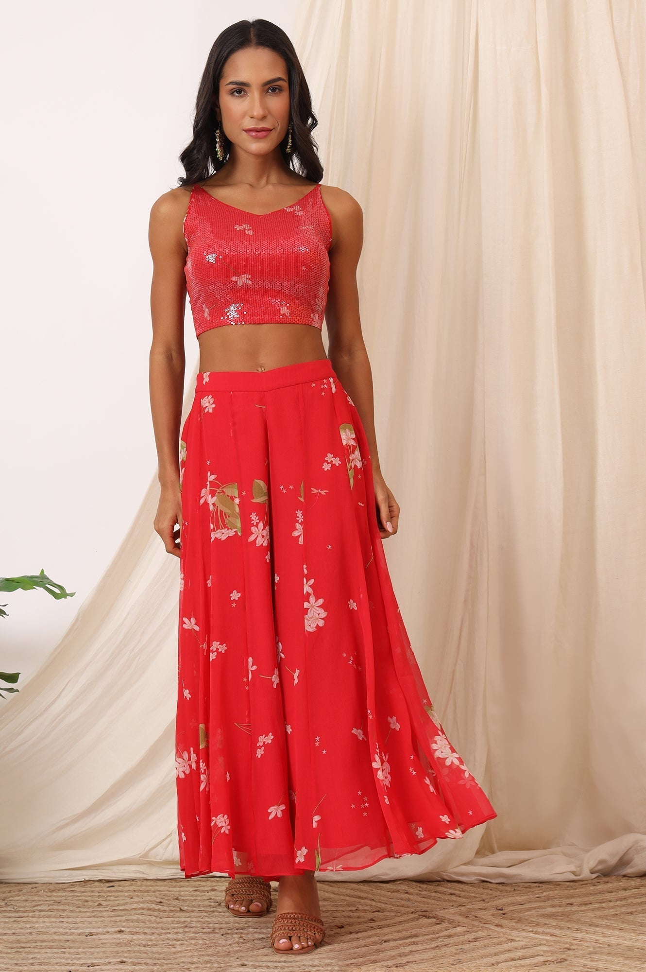 W for Woman Red Floral Printed Chiffon Jacket, Crop Top and Culottes Set
