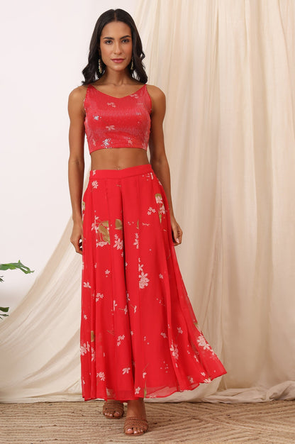 W for Woman Red Floral Printed Chiffon Jacket, Crop Top and Culottes Set
