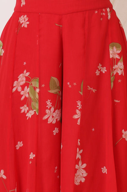 W for Woman Red Floral Printed Chiffon Jacket, Crop Top and Culottes Set