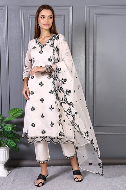 W for Woman Cream Mirror Embroidered Chanderi Straight Kurta, Pants and Dupatta Set