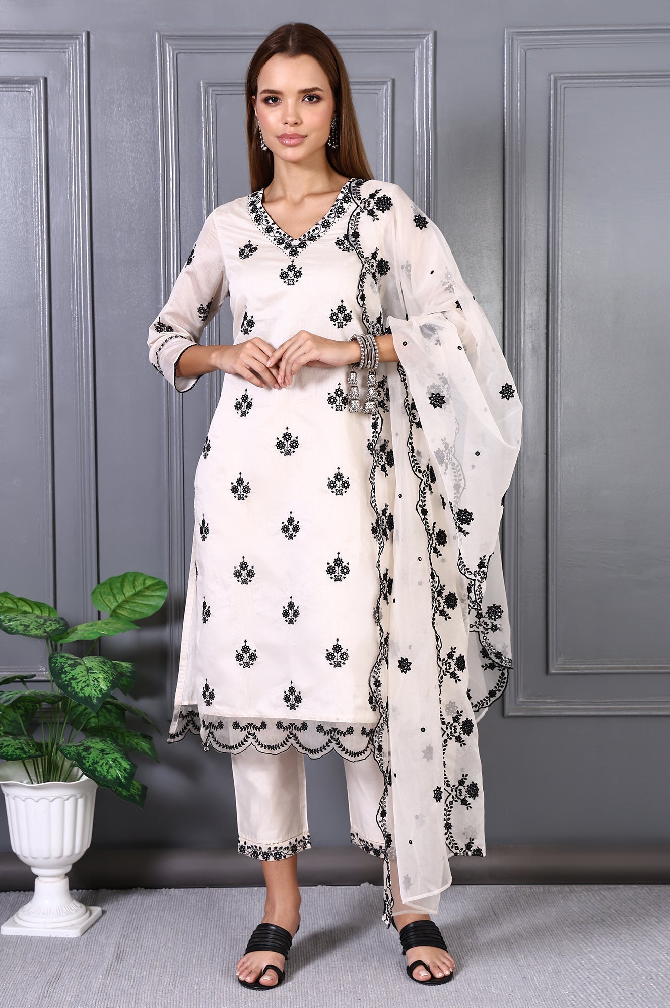 W for Woman Cream Mirror Embroidered Chanderi Straight Kurta, Pants and Dupatta Set