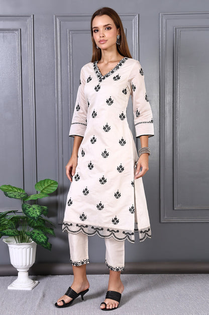 W for Woman Cream Mirror Embroidered Chanderi Straight Kurta, Pants and Dupatta Set