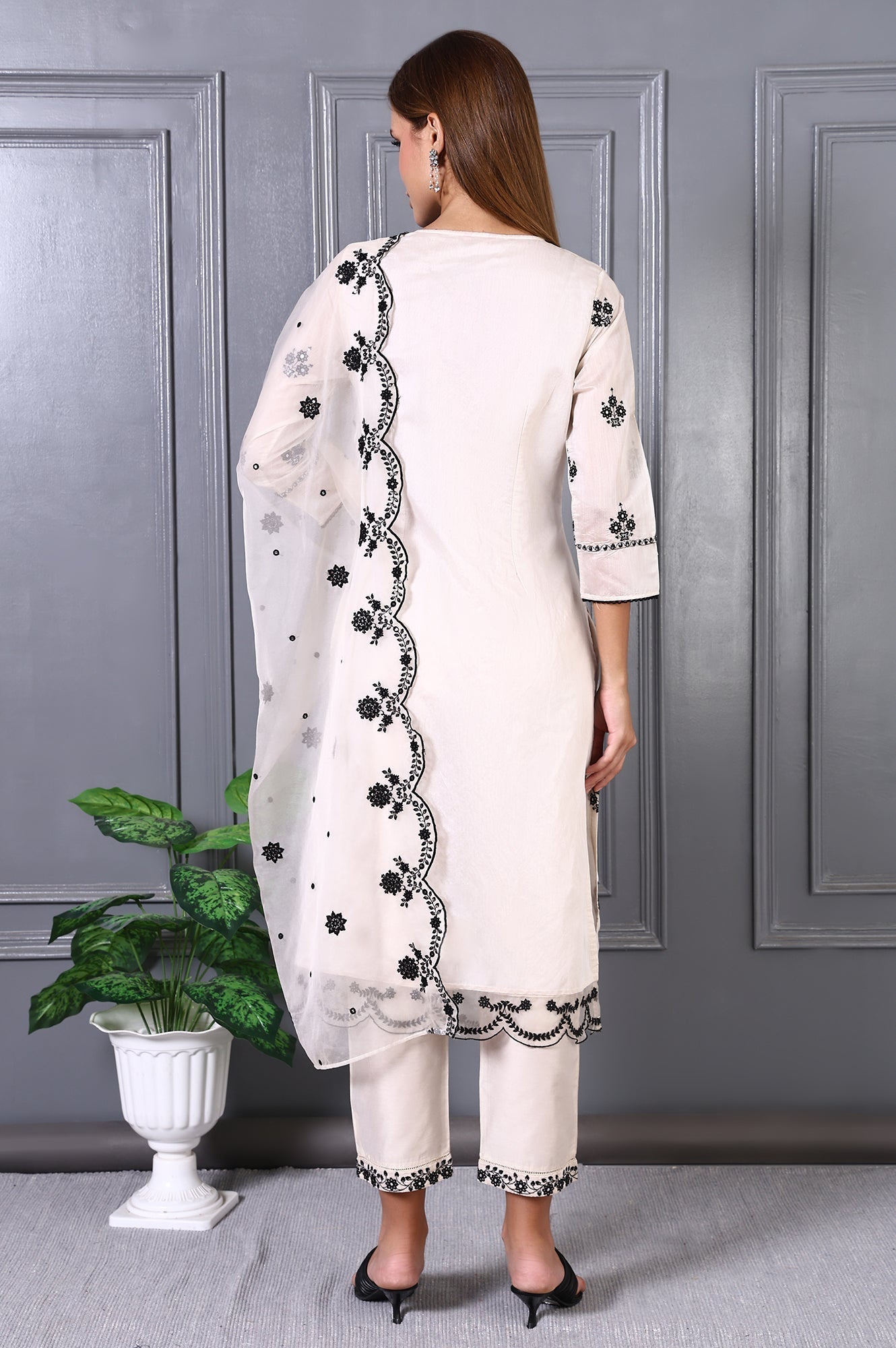 W for Woman Cream Mirror Embroidered Chanderi Straight Kurta, Pants and Dupatta Set