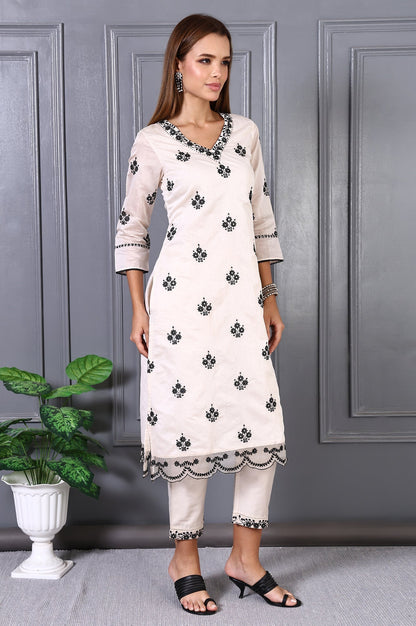 W for Woman Cream Mirror Embroidered Chanderi Straight Kurta, Pants and Dupatta Set
