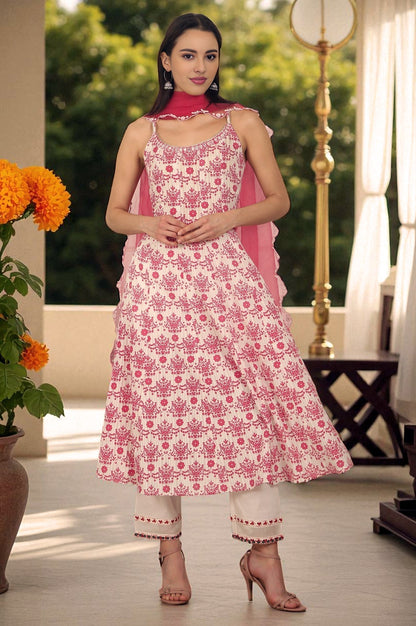 W for Woman White and Pink Printed Cotton Lurex Anarkali Spaghetti Kurta, Pants and Dupatta Set