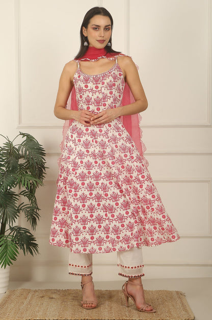 W for Woman White and Pink Printed Cotton Lurex Anarkali Spaghetti Kurta, Pants and Dupatta Set