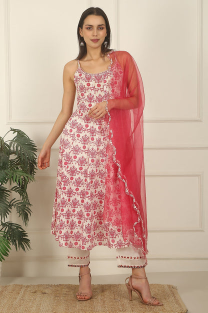 W for Woman White and Pink Printed Cotton Lurex Anarkali Spaghetti Kurta, Pants and Dupatta Set