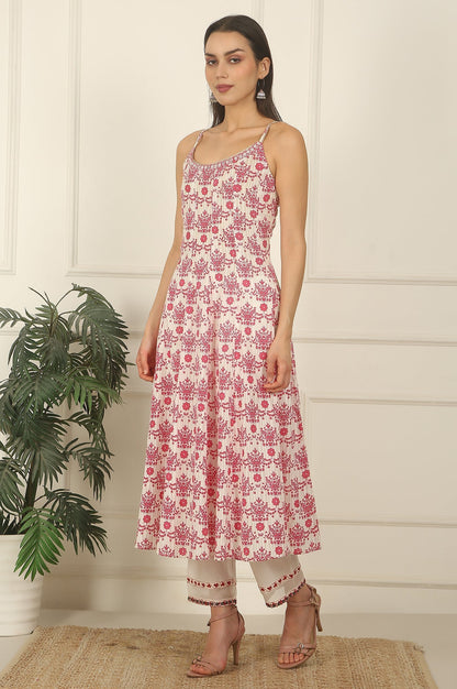 W for Woman White and Pink Printed Cotton Lurex Anarkali Spaghetti Kurta, Pants and Dupatta Set