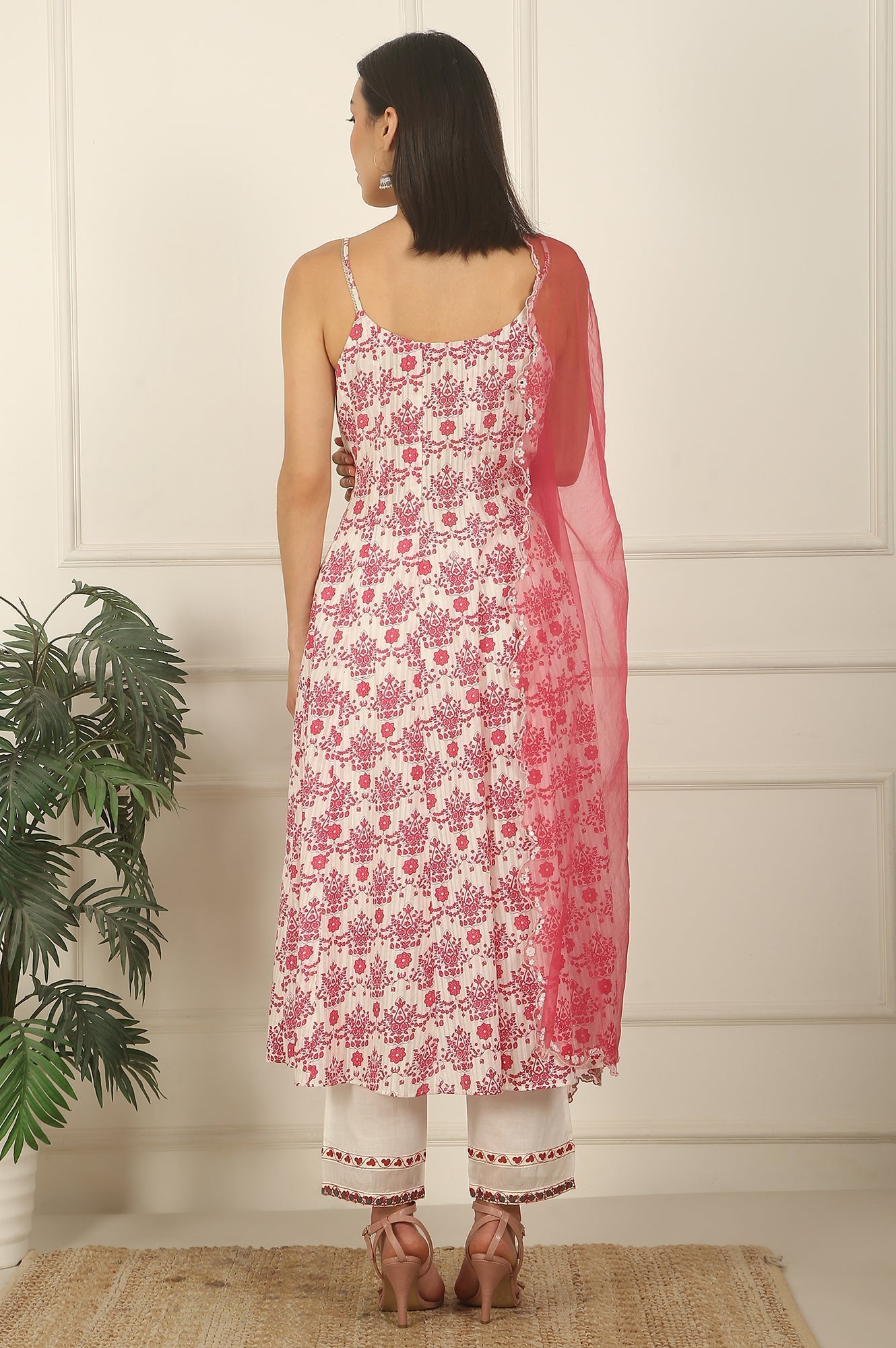 W for Woman White and Pink Printed Cotton Lurex Anarkali Spaghetti Kurta, Pants and Dupatta Set