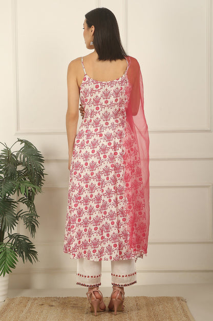 W for Woman White and Pink Printed Cotton Lurex Anarkali Spaghetti Kurta, Pants and Dupatta Set
