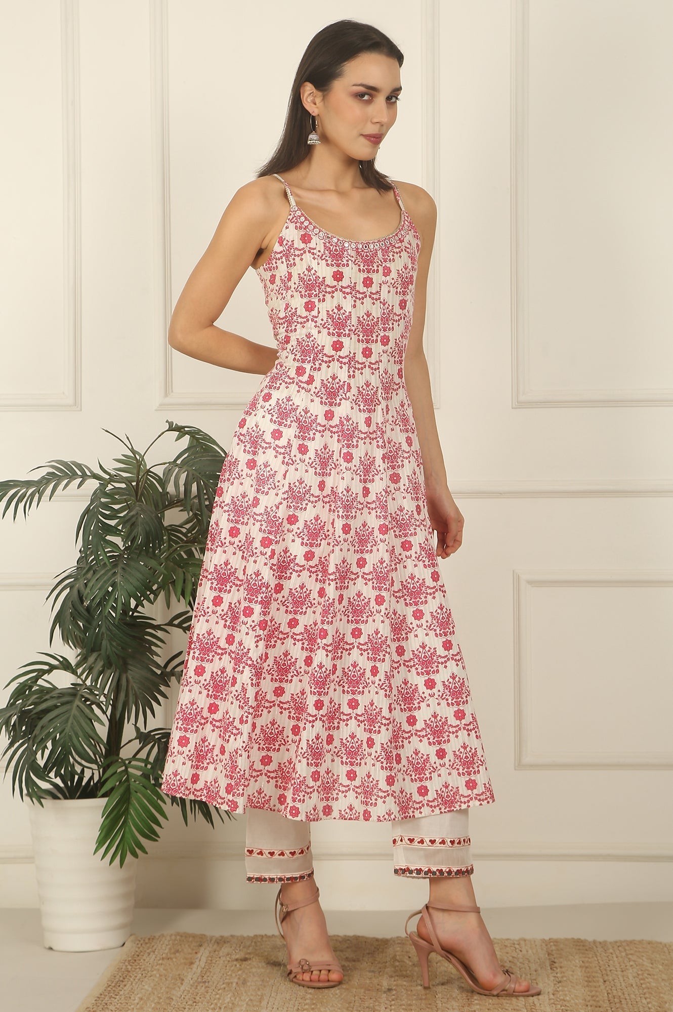 W for Woman White and Pink Printed Cotton Lurex Anarkali Spaghetti Kurta, Pants and Dupatta Set