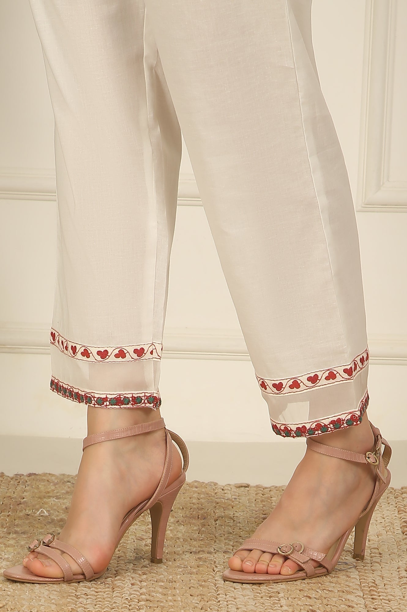 W for Woman White and Pink Printed Cotton Lurex Anarkali Spaghetti Kurta, Pants and Dupatta Set