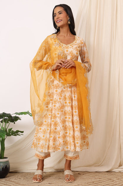 W for Woman Cream and Yellow Printed Chanderi Anarkali Kurta, Pants and Dupatta Set