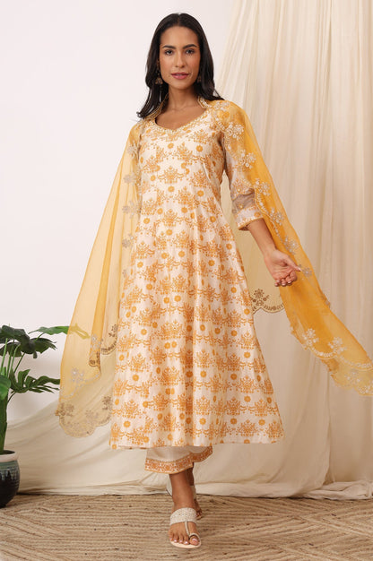 W for Woman Cream and Yellow Printed Chanderi Anarkali Kurta, Pants and Dupatta Set