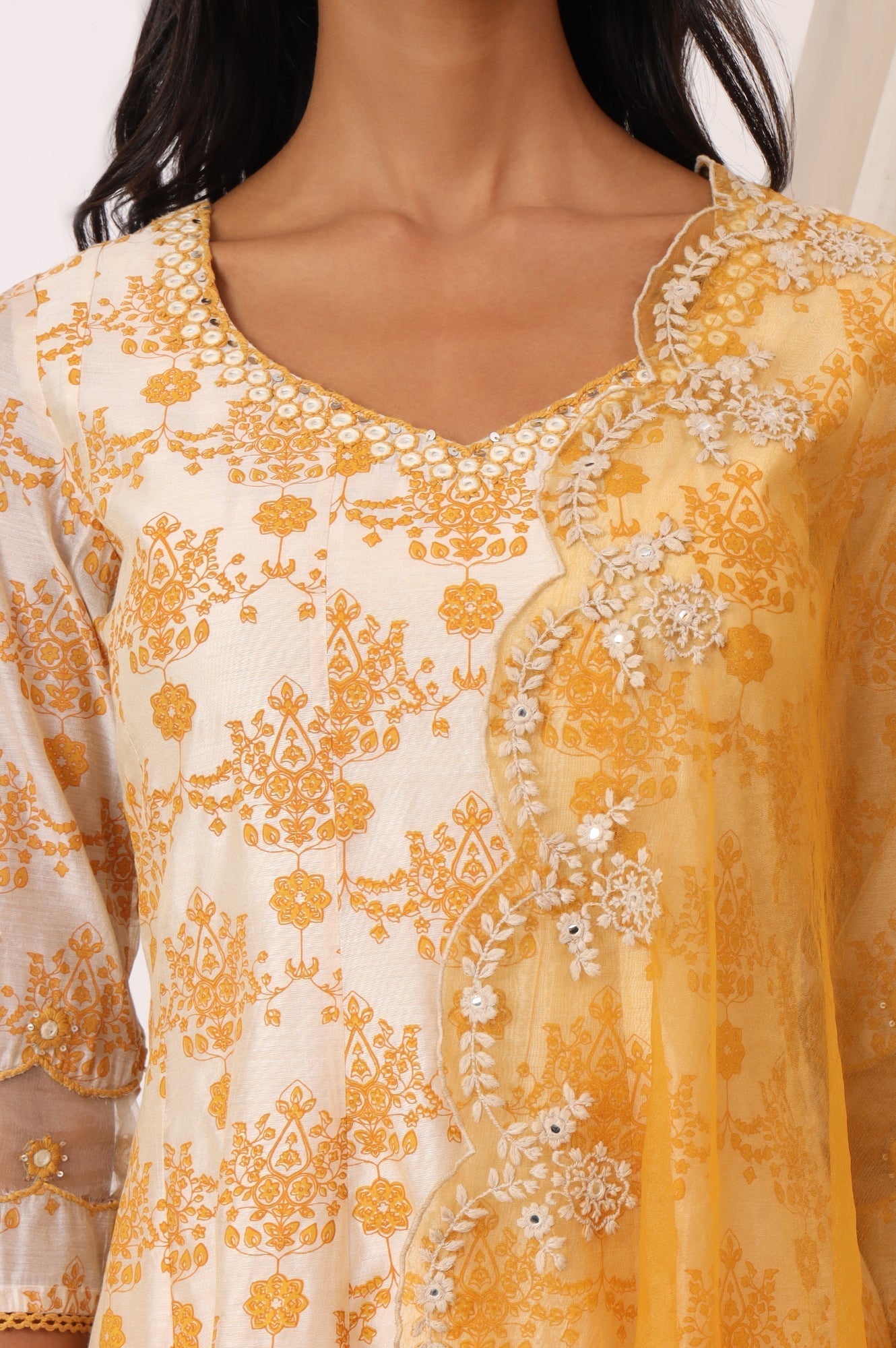 W for Woman Cream and Yellow Printed Chanderi Anarkali Kurta, Pants and Dupatta Set