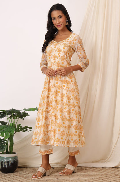 W for Woman Cream and Yellow Printed Chanderi Anarkali Kurta, Pants and Dupatta Set