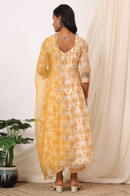 W for Woman Cream and Yellow Printed Chanderi Anarkali Kurta, Pants and Dupatta Set