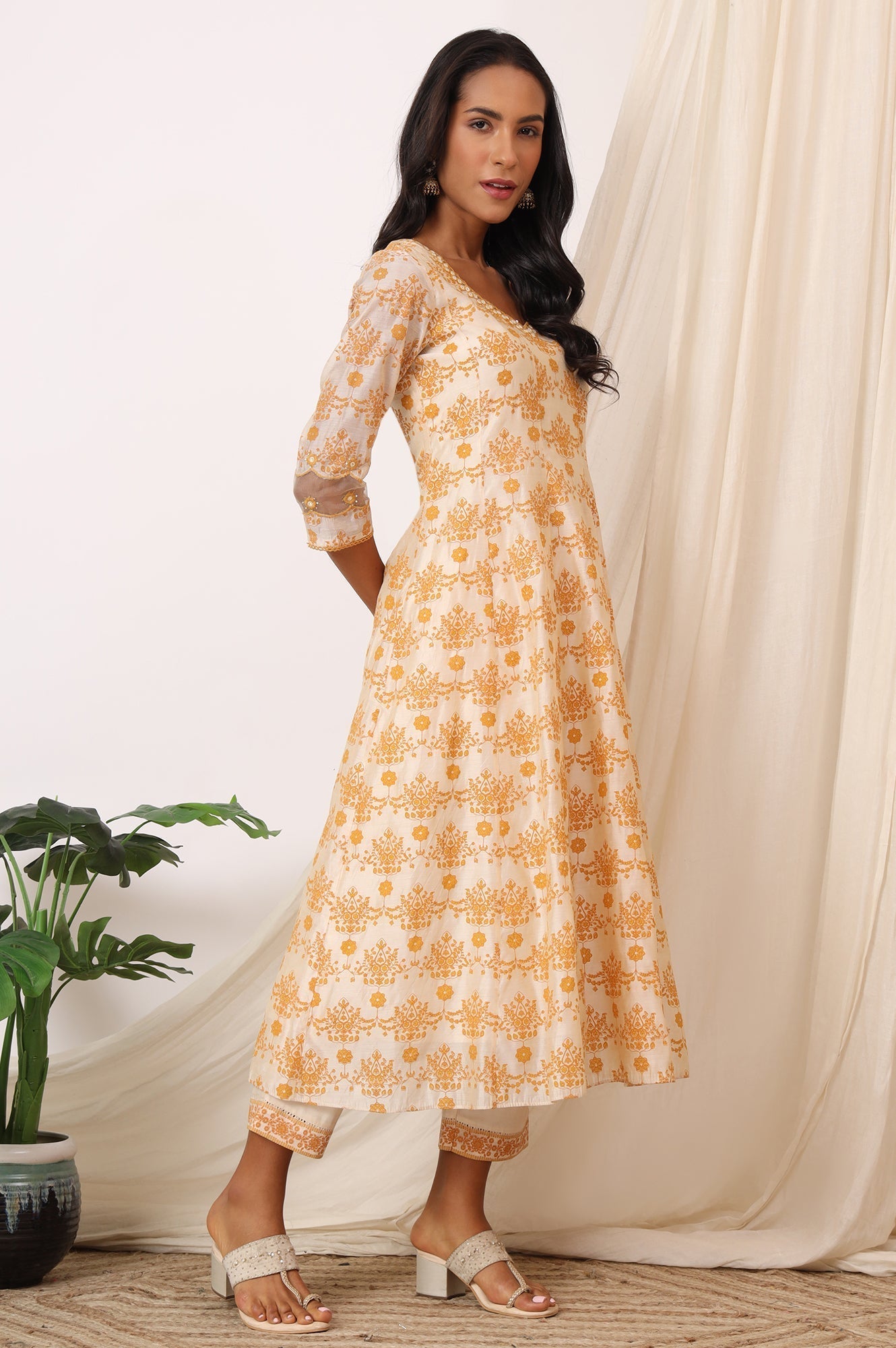 W for Woman Cream and Yellow Printed Chanderi Anarkali Kurta, Pants and Dupatta Set