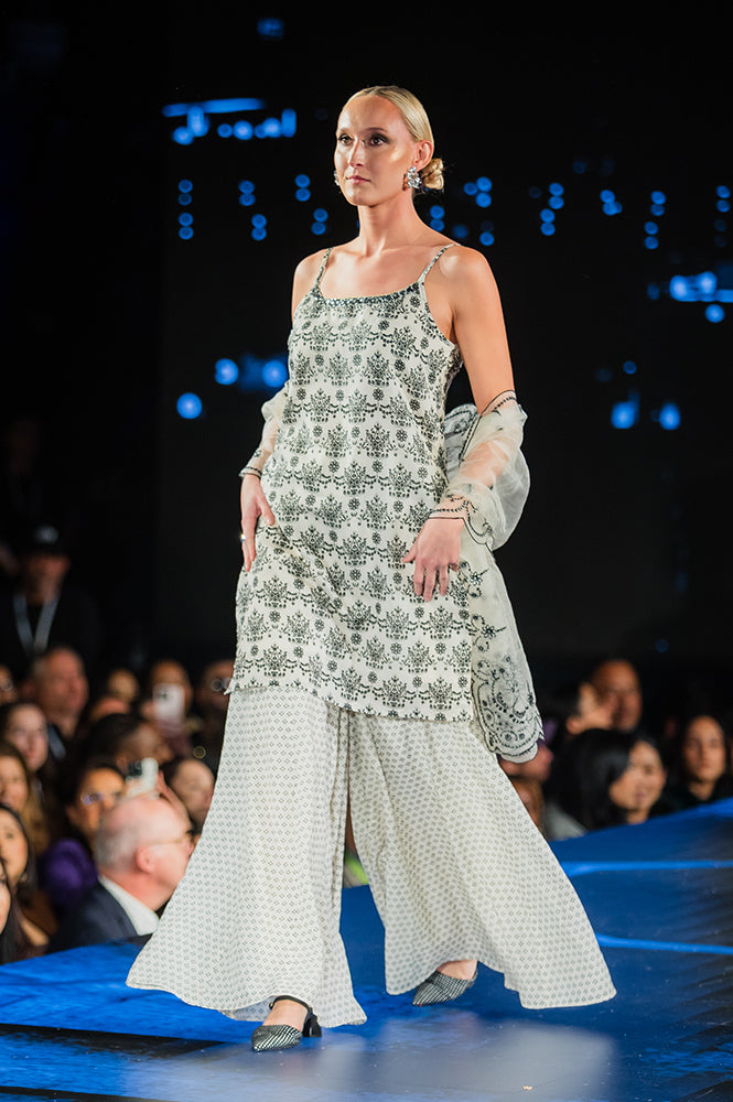 W for Woman Off-White and Black Floral Printed Chanderi Short Kurta and Sharara Set with Dupatta