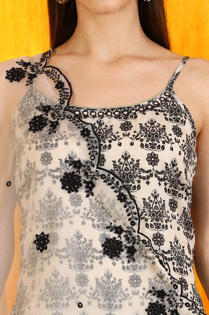 W for Woman Off-White and Black Floral Printed Chanderi Short Kurta and Sharara Set with Dupatta