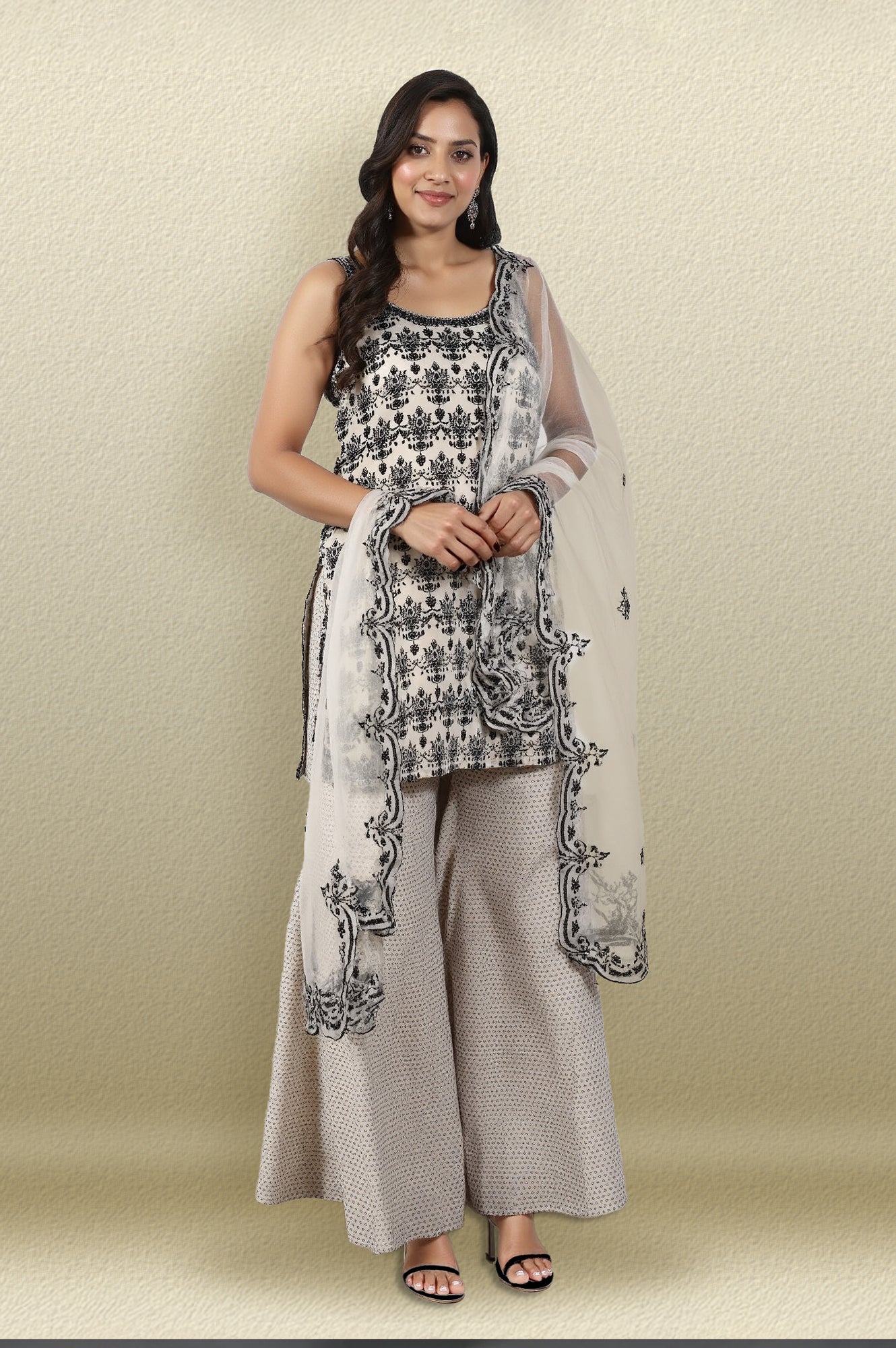 W for Woman Off-White and Black Floral Printed Chanderi Short Kurta and Sharara Set with Dupatta