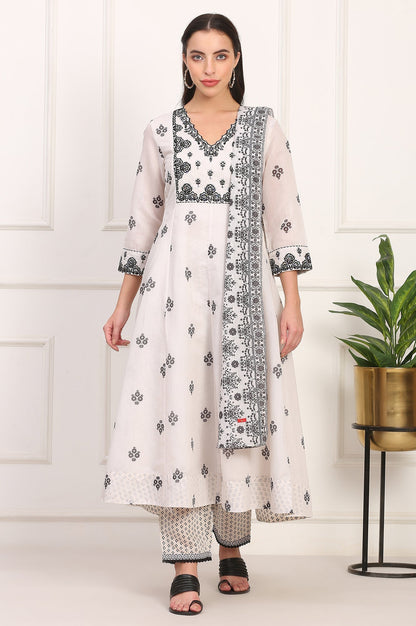 W for Woman White Floral Printed Embellished Chanderi Flared Kurta, Pant and Dupatta Set