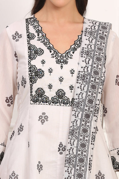 W for Woman White Floral Printed Embellished Chanderi Flared Kurta, Pant and Dupatta Set