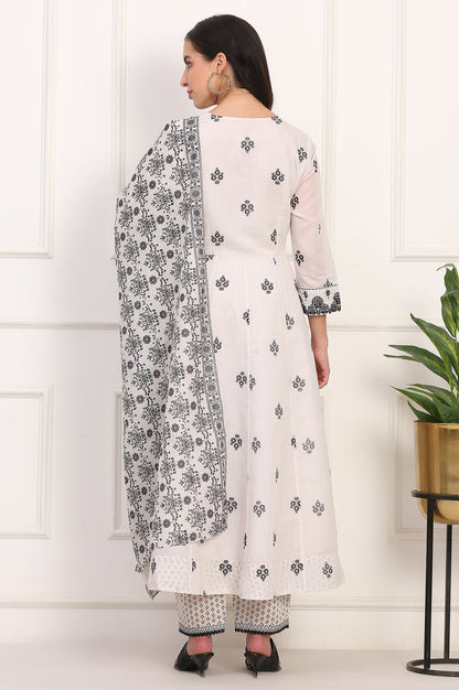 W for Woman White Floral Printed Embellished Chanderi Flared Kurta, Pant and Dupatta Set