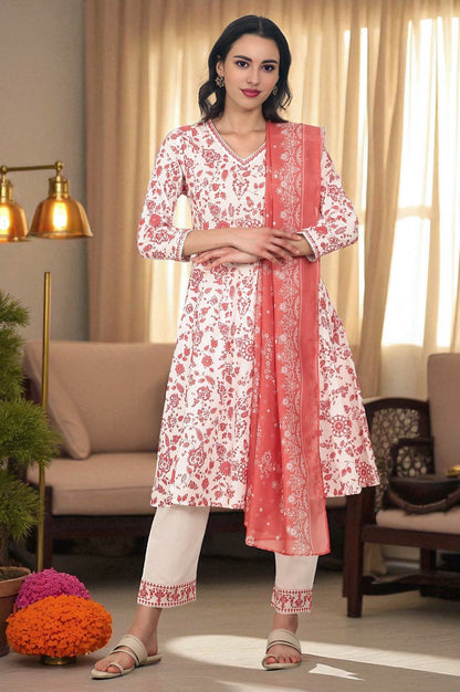 W for Woman White and Orange Floral Printed Pure Cotton Flared Kurta, Pants and Dupatta Set