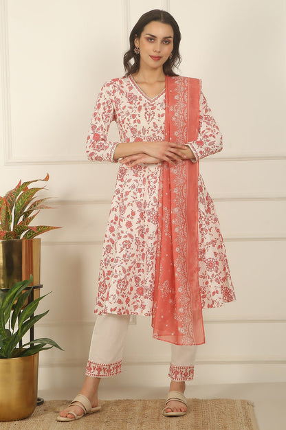 W for Woman White and Orange Floral Printed Pure Cotton Flared Kurta, Pants and Dupatta Set