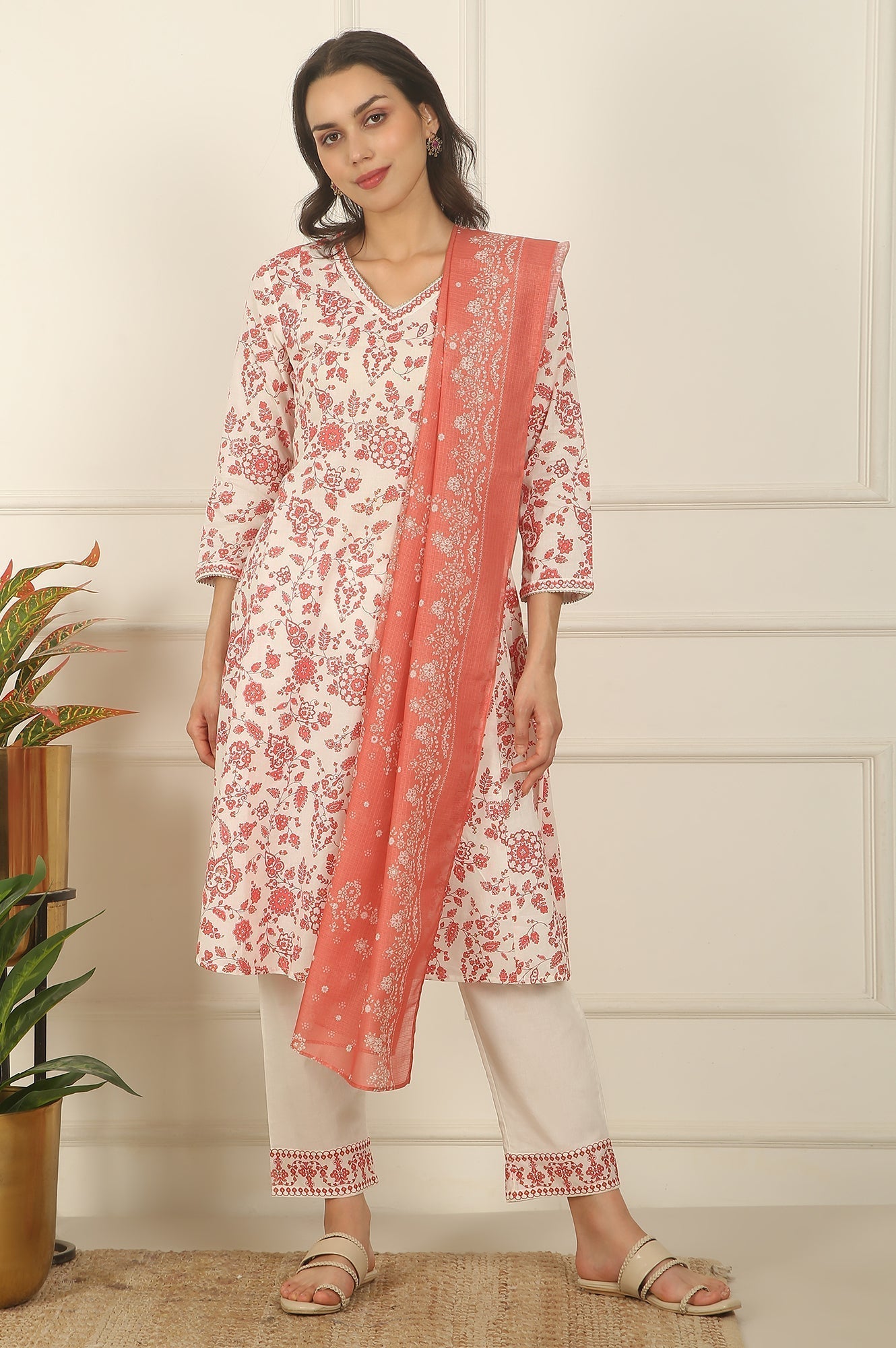 W for Woman White and Orange Floral Printed Pure Cotton Flared Kurta, Pants and Dupatta Set