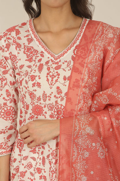 W for Woman White and Orange Floral Printed Pure Cotton Flared Kurta, Pants and Dupatta Set