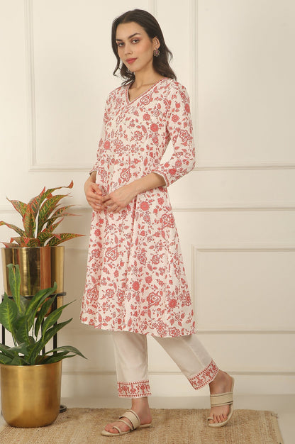 W for Woman White and Orange Floral Printed Pure Cotton Flared Kurta, Pants and Dupatta Set