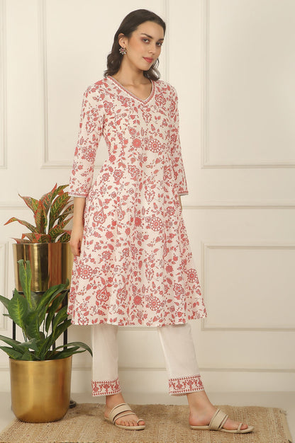 W for Woman White and Orange Floral Printed Pure Cotton Flared Kurta, Pants and Dupatta Set