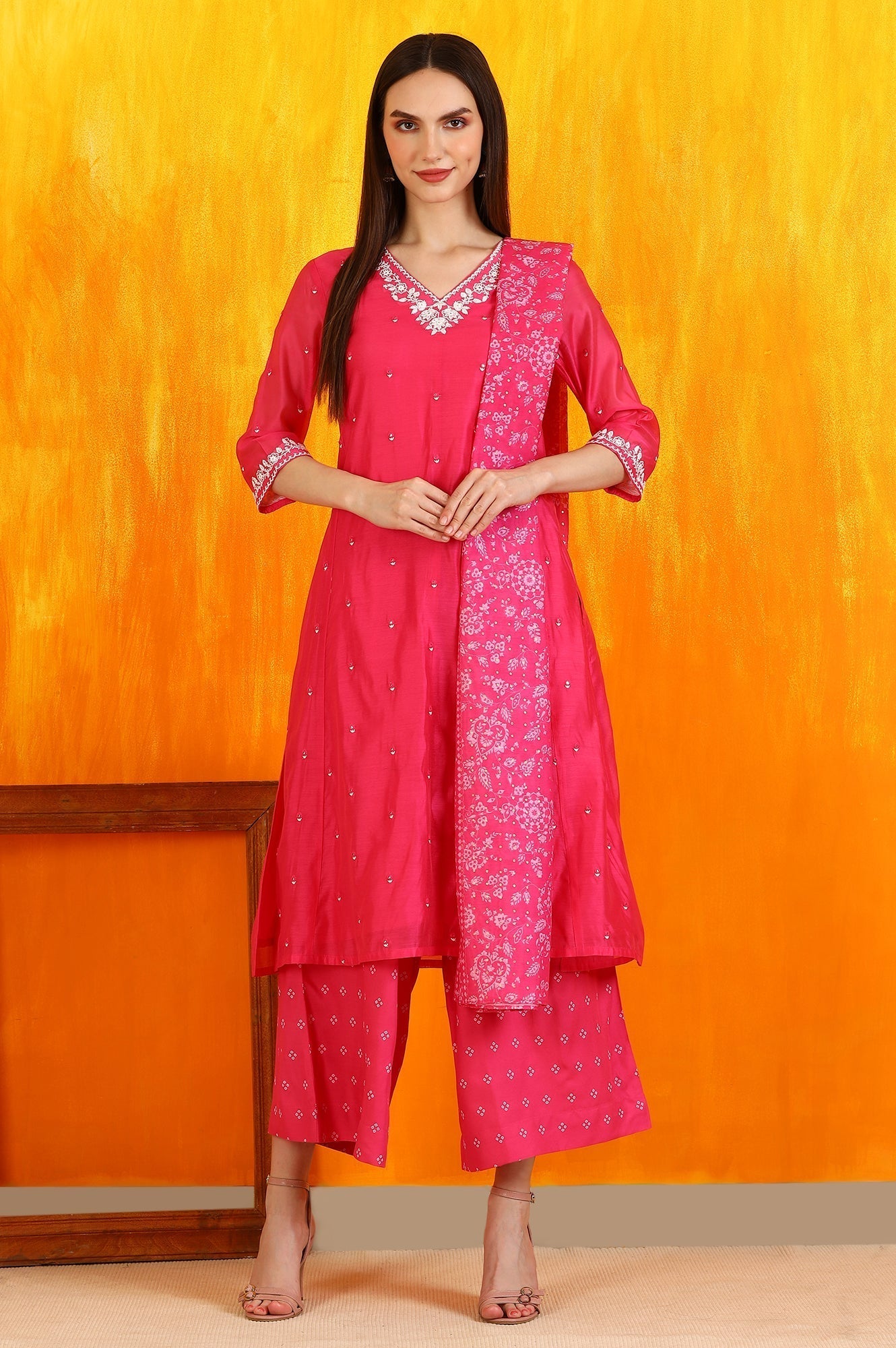 W for Woman Pink Embroidered Chanderi Panelled Kurta, Cropped Pants and Dupatta Set