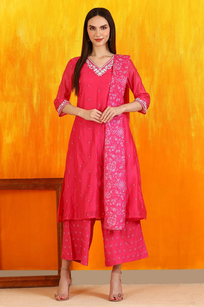 W for Woman Pink Embroidered Chanderi Panelled Kurta, Cropped Pants and Dupatta Set