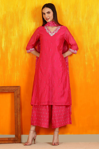 W for Woman Pink Embroidered Chanderi Panelled Kurta, Cropped Pants and Dupatta Set