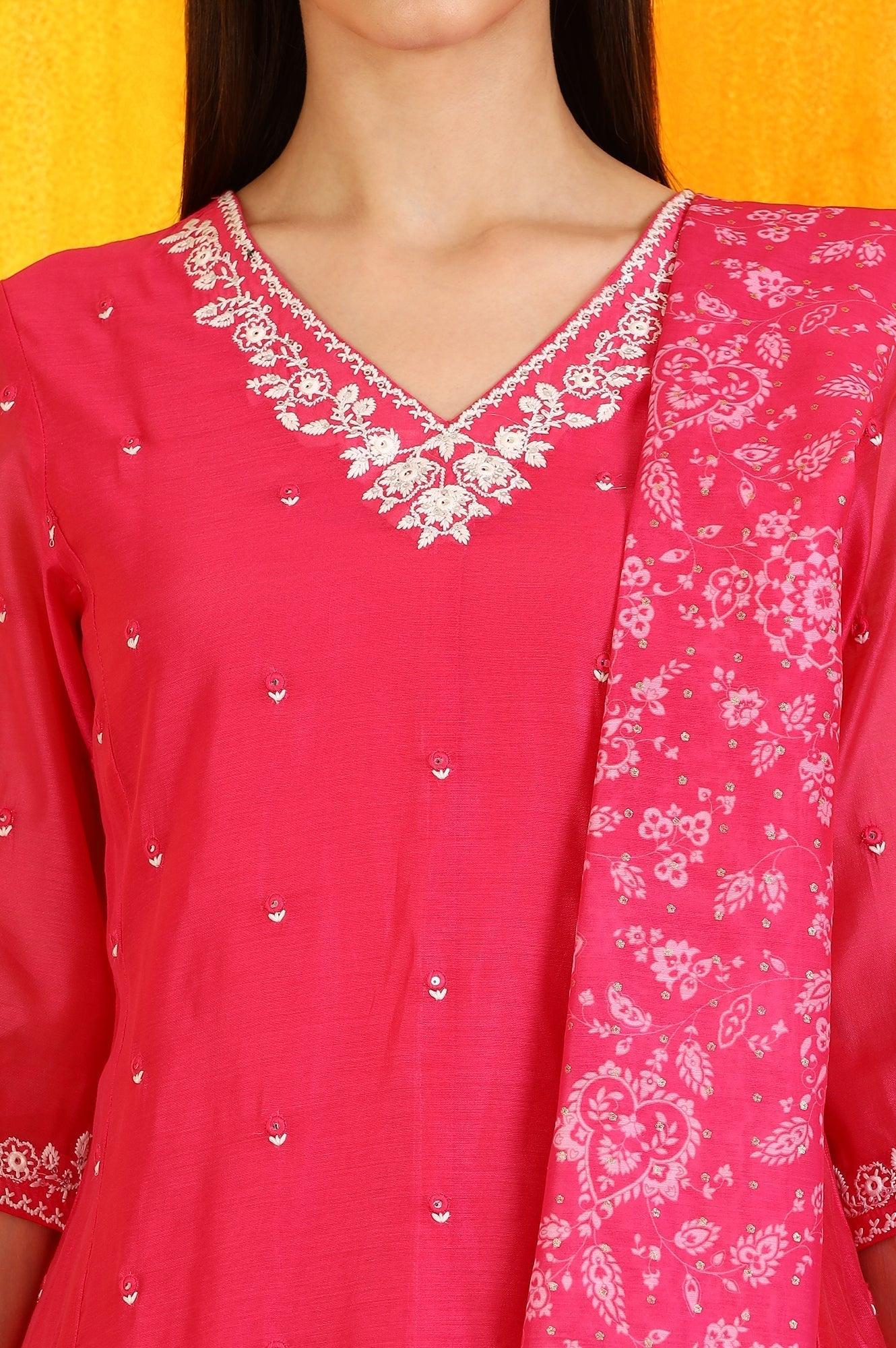 W for Woman Pink Embroidered Chanderi Panelled Kurta, Cropped Pants and Dupatta Set