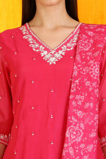 W for Woman Pink Embroidered Chanderi Panelled Kurta, Cropped Pants and Dupatta Set
