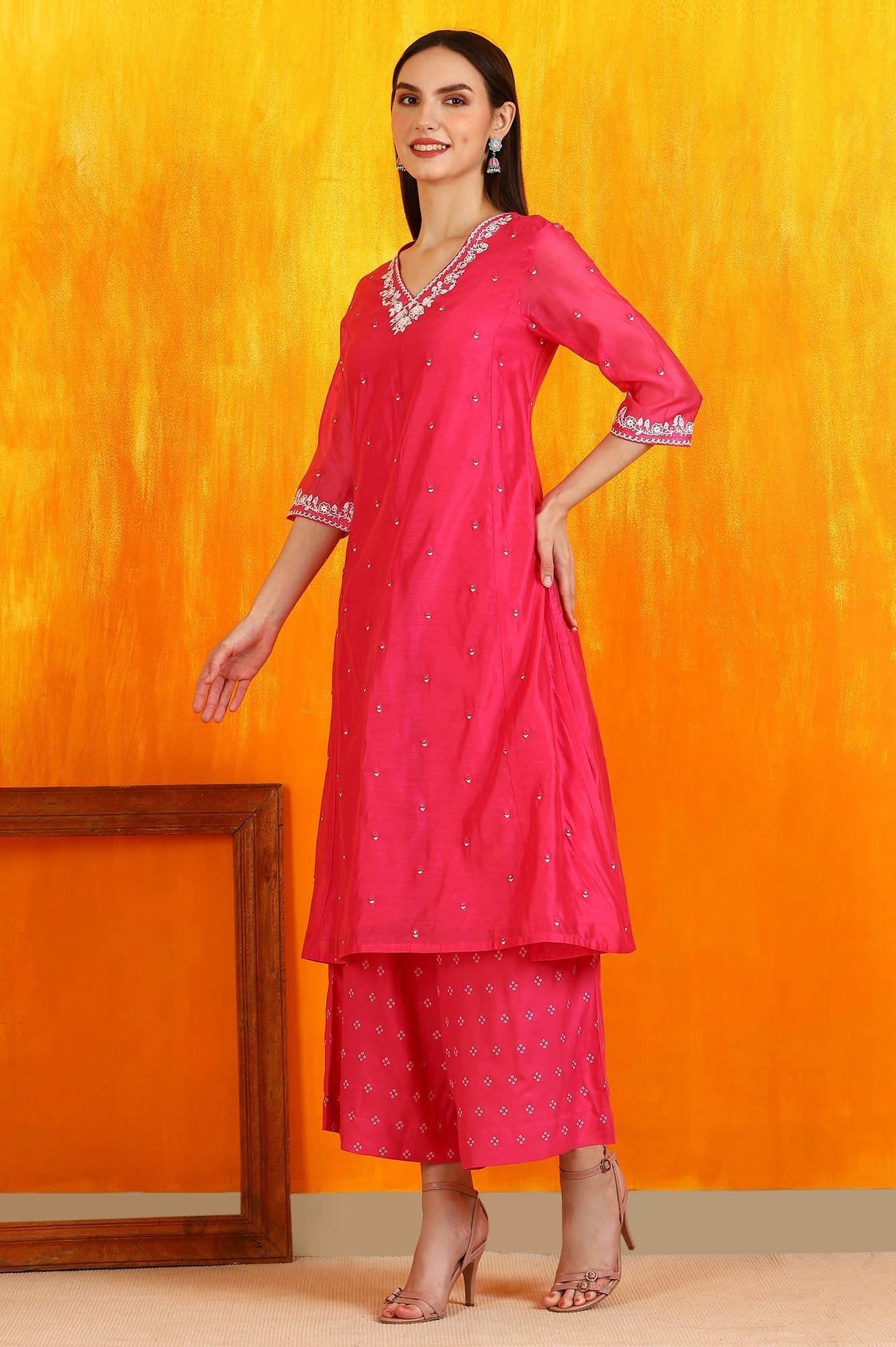 W for Woman Pink Embroidered Chanderi Panelled Kurta, Cropped Pants and Dupatta Set