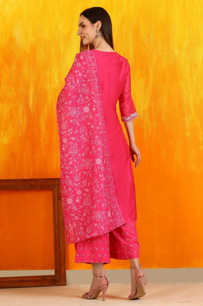W for Woman Pink Embroidered Chanderi Panelled Kurta, Cropped Pants and Dupatta Set