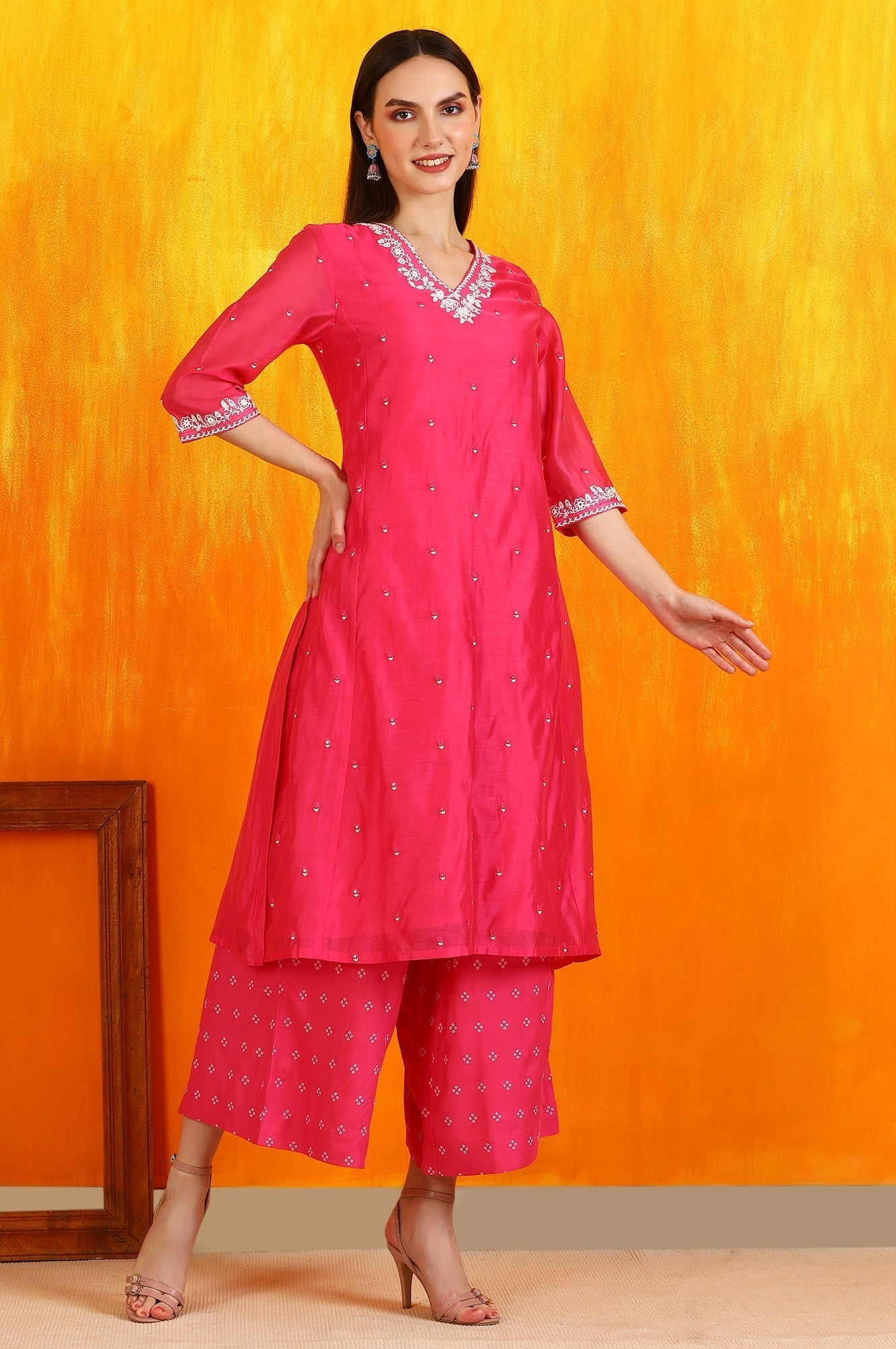 W for Woman Pink Embroidered Chanderi Panelled Kurta, Cropped Pants and Dupatta Set