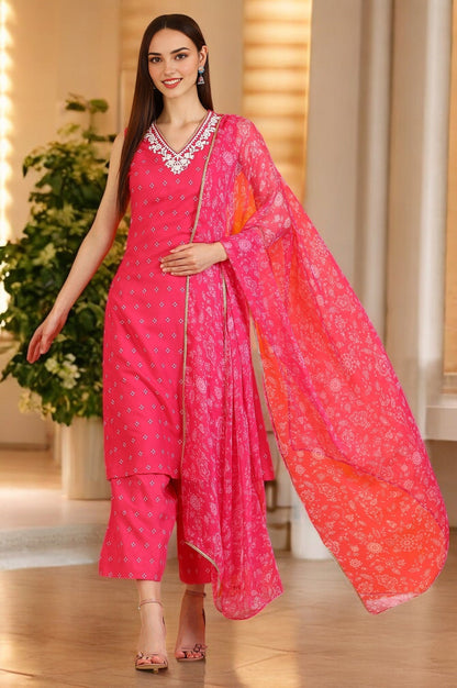 W for Woman Pink Embroidered Shantung Sleeveless Kurta, Cropped Pants and Dupatta Set