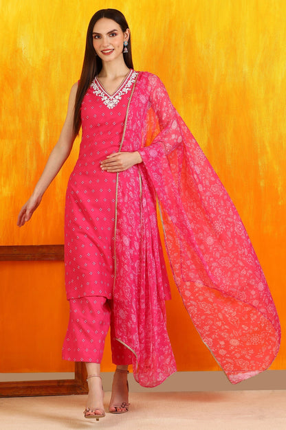 W for Woman Pink Embroidered Shantung Sleeveless Kurta, Cropped Pants and Dupatta Set