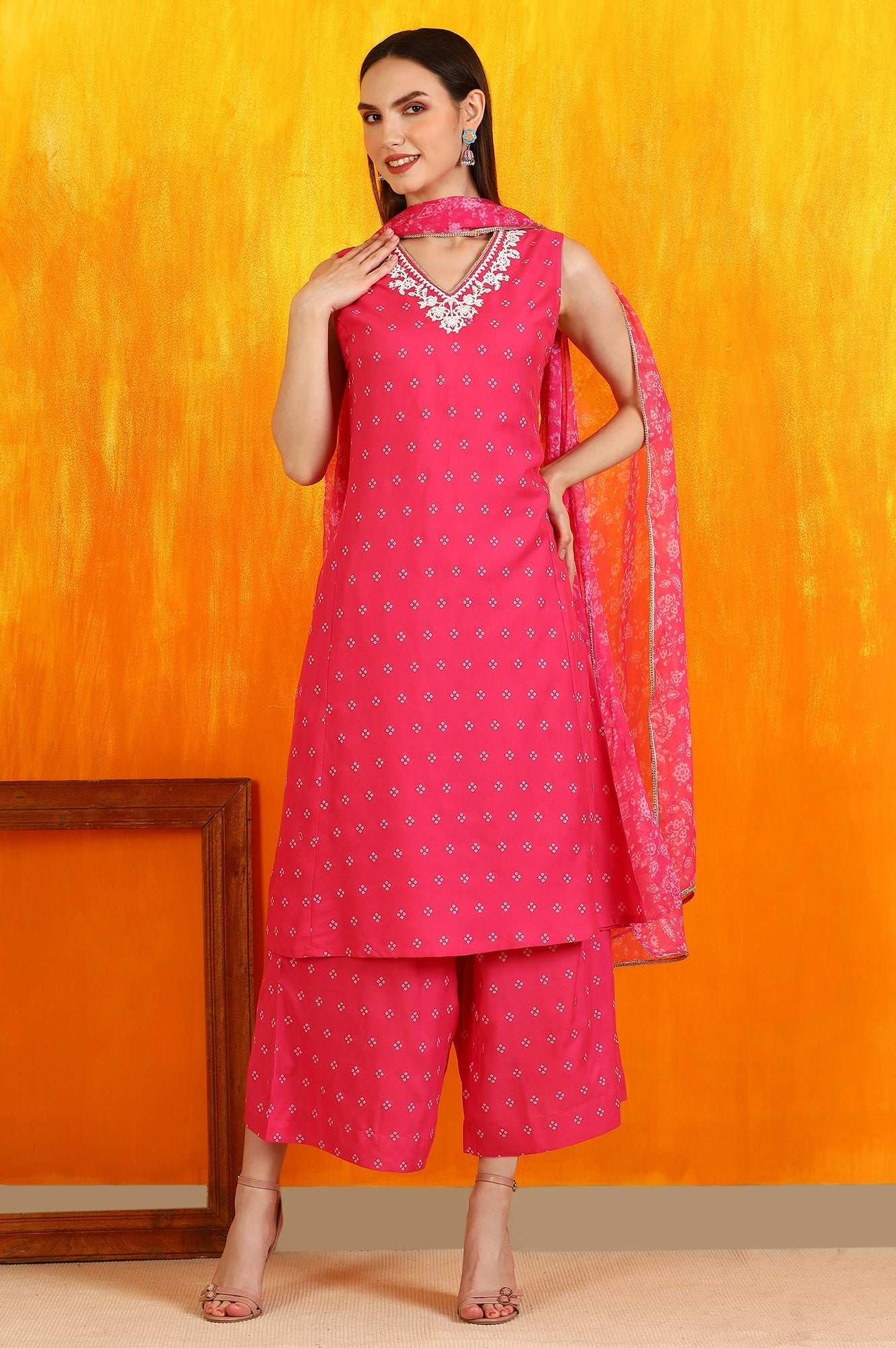 W for Woman Pink Embroidered Shantung Sleeveless Kurta, Cropped Pants and Dupatta Set